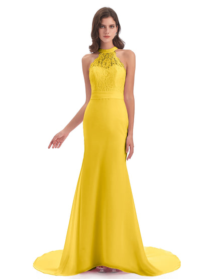 Jenny Court Train Halter Lace Bridesmaid Dresses