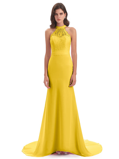 Jenny Court Train Halter Lace Bridesmaid Dresses