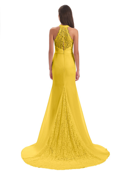 Jenny Court Train Halter Lace Bridesmaid Dresses