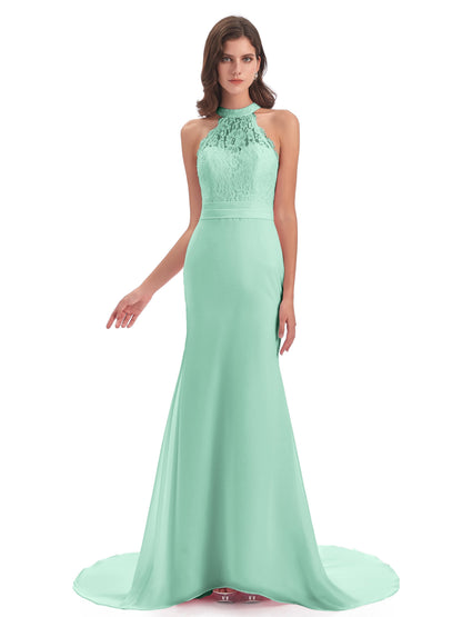 Jenny Court Train Halter Lace Bridesmaid Dresses