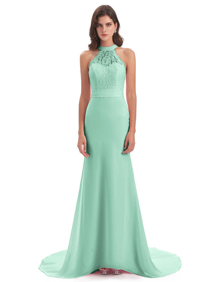Jenny Court Train Halter Lace Bridesmaid Dresses