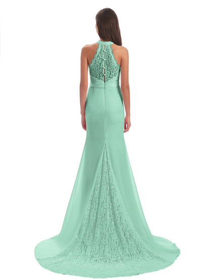 Jenny Court Train Halter Lace Bridesmaid Dresses