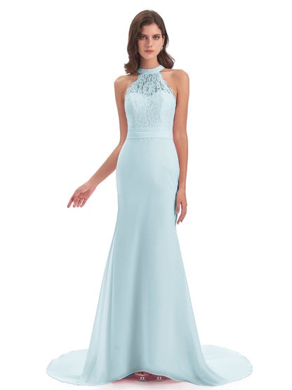 Jenny Court Train Halter Lace Bridesmaid Dresses
