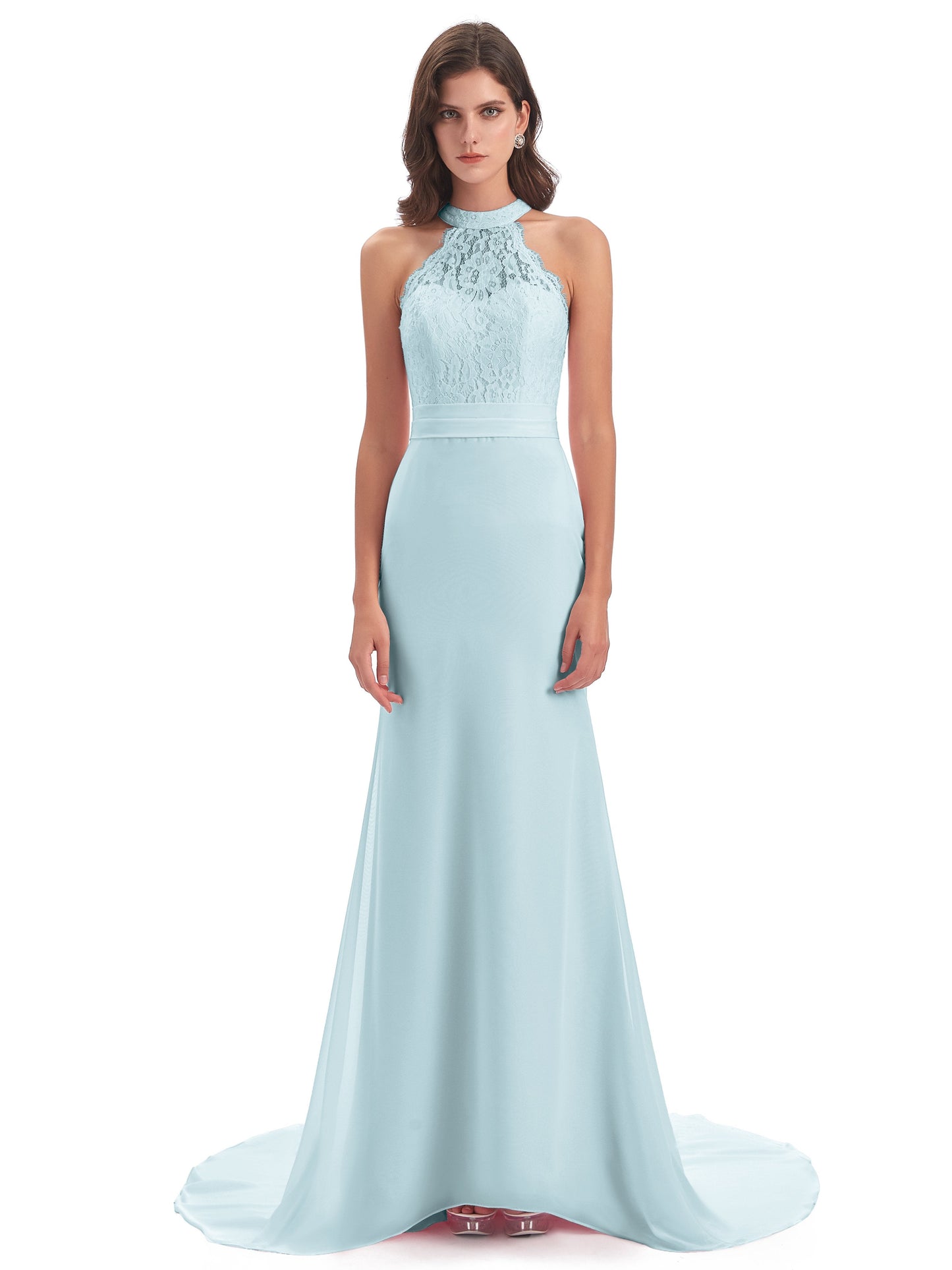 Jenny Court Train Halter Lace Bridesmaid Dresses