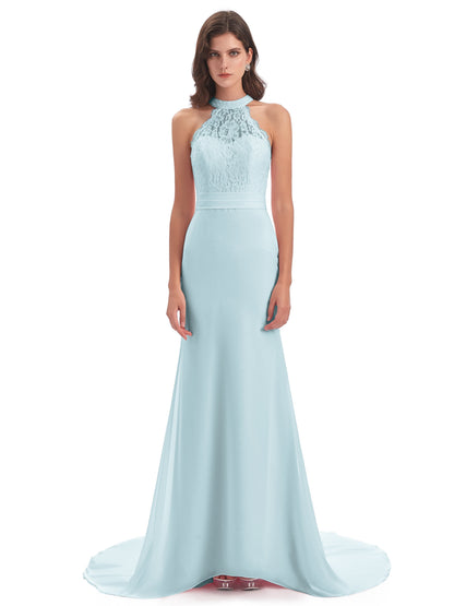 Jenny Court Train Halter Lace Bridesmaid Dresses