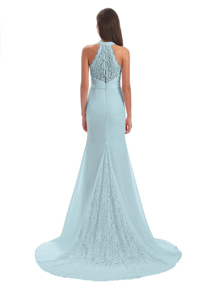 Jenny Court Train Halter Lace Bridesmaid Dresses