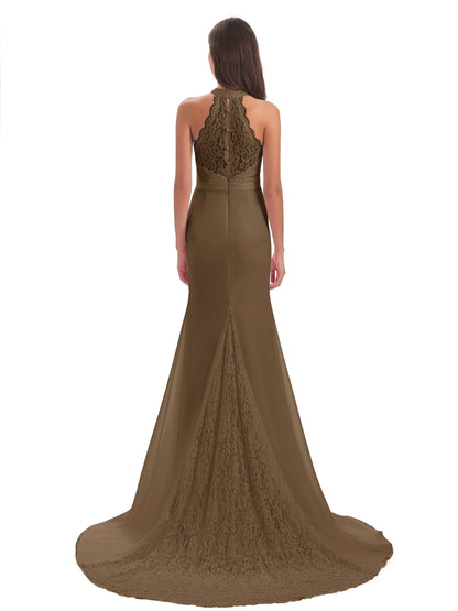 Jenny Court Train Halter Lace Bridesmaid Dresses
