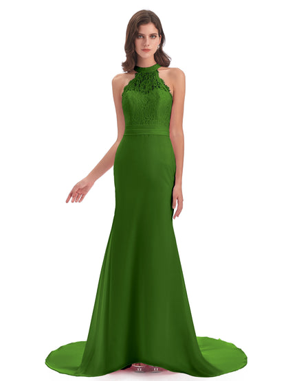 Jenny Court Train Halter Lace Bridesmaid Dresses
