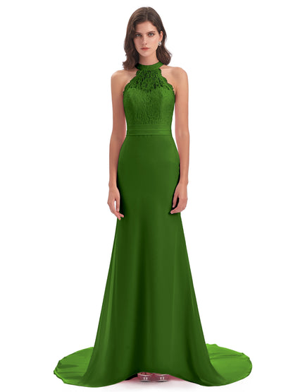 Jenny Court Train Halter Lace Bridesmaid Dresses