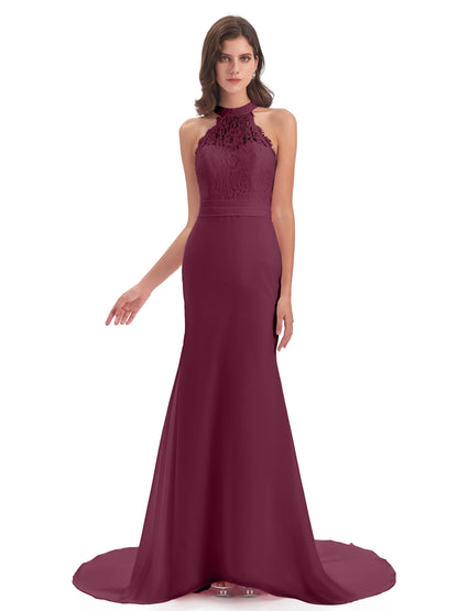 Jenny Court Train Halter Lace Bridesmaid Dresses