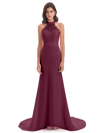 Jenny Court Train Halter Lace Bridesmaid Dresses
