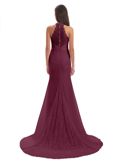 Jenny Court Train Halter Lace Bridesmaid Dresses