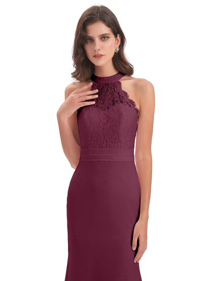 Jenny Court Train Halter Lace Bridesmaid Dresses