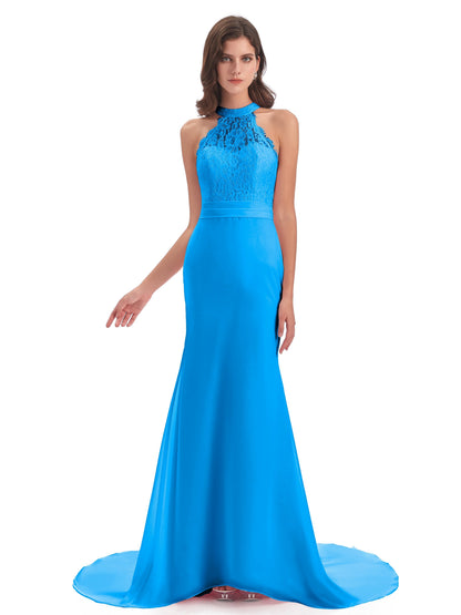 Jenny Court Train Halter Lace Bridesmaid Dresses