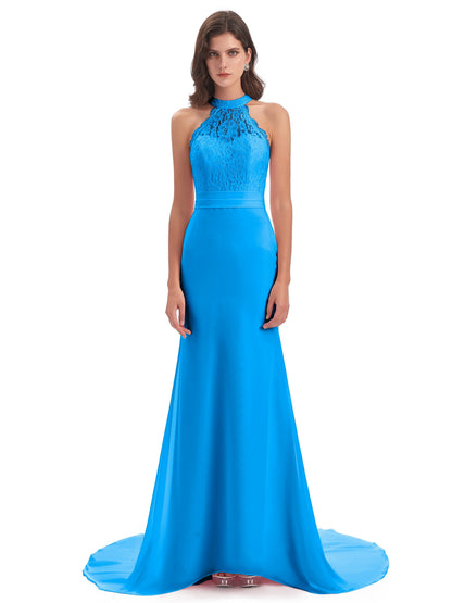 Jenny Court Train Halter Lace Bridesmaid Dresses