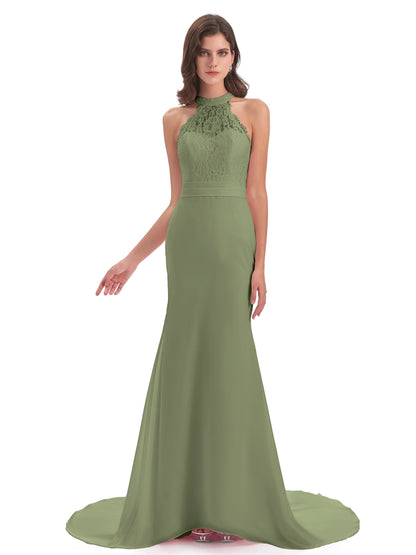 Jenny Court Train Halter Lace Bridesmaid Dresses