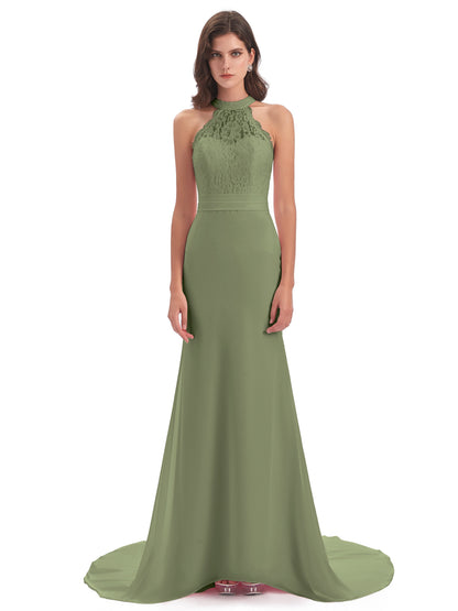 Jenny Court Train Halter Lace Bridesmaid Dresses