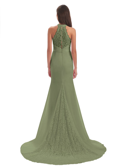 Jenny Court Train Halter Lace Bridesmaid Dresses