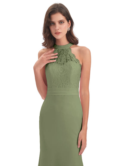 Jenny Court Train Halter Lace Bridesmaid Dresses