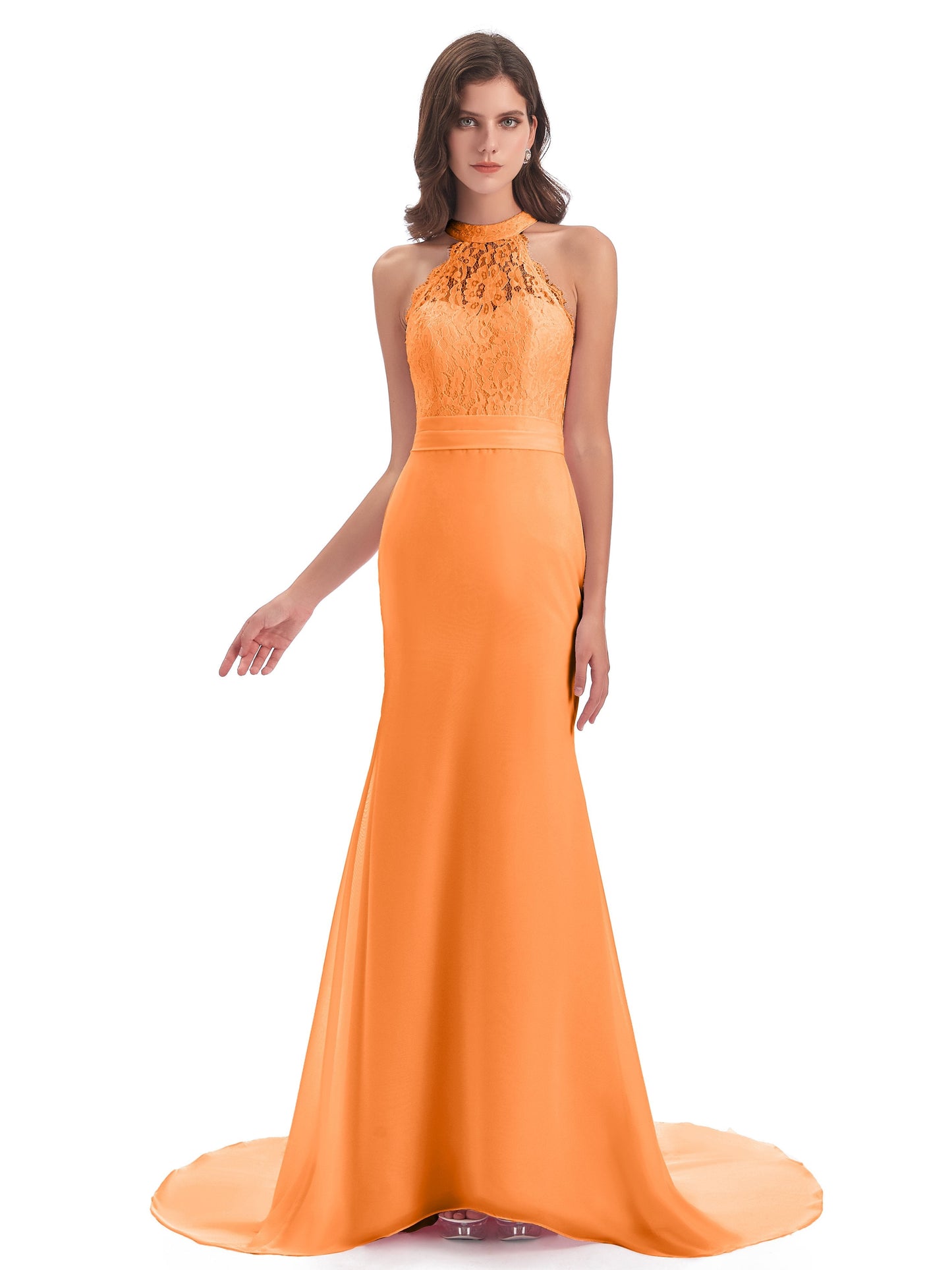 Jenny Court Train Halter Lace Bridesmaid Dresses