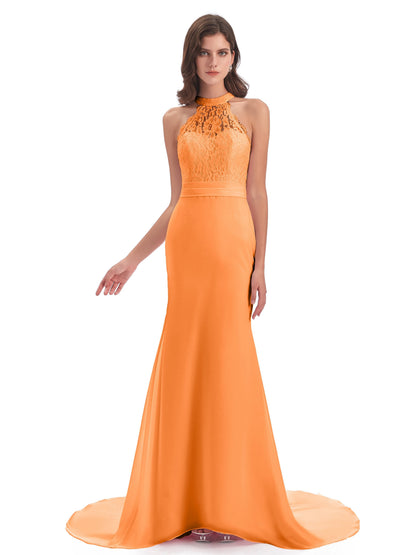Jenny Court Train Halter Lace Bridesmaid Dresses