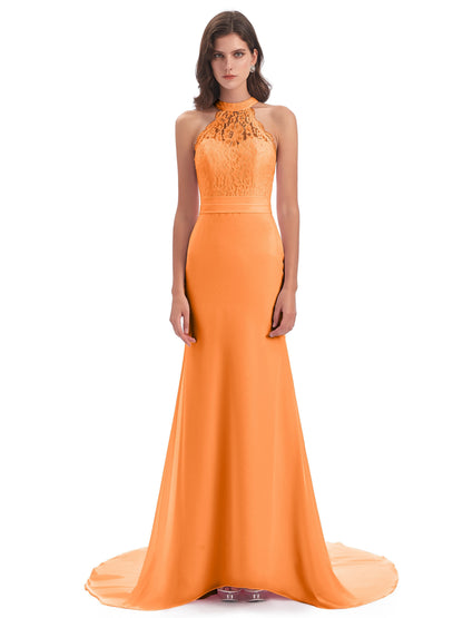 Jenny Court Train Halter Lace Bridesmaid Dresses