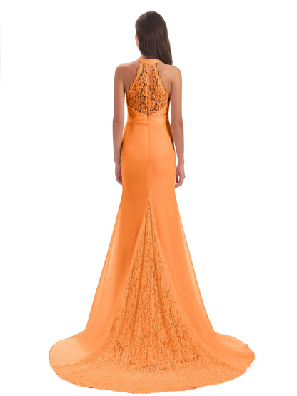 Jenny Court Train Halter Lace Bridesmaid Dresses