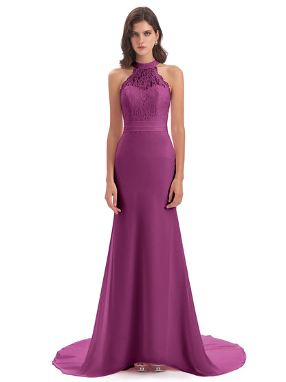 Jenny Court Train Halter Lace Bridesmaid Dresses