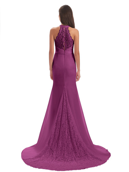 Jenny Court Train Halter Lace Bridesmaid Dresses