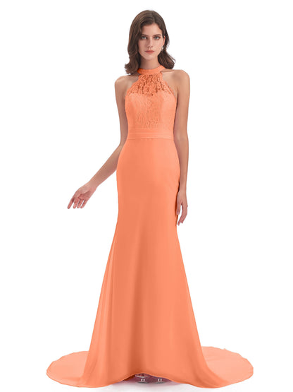 Jenny Court Train Halter Lace Bridesmaid Dresses
