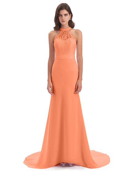 Jenny Court Train Halter Lace Bridesmaid Dresses