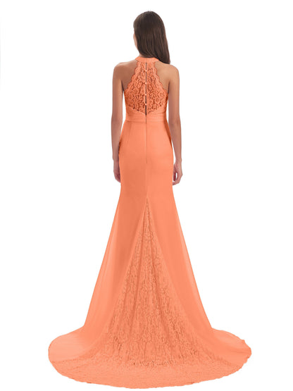 Jenny Court Train Halter Lace Bridesmaid Dresses