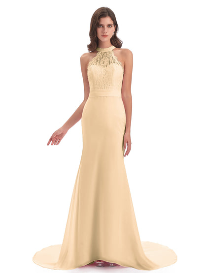 Jenny Court Train Halter Lace Bridesmaid Dresses