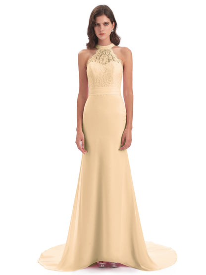 Jenny Court Train Halter Lace Bridesmaid Dresses