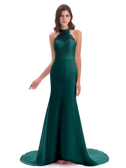 Jenny Court Train Halter Lace Bridesmaid Dresses