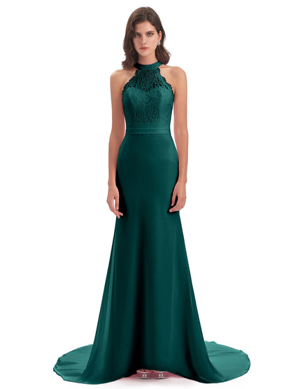 Jenny Court Train Halter Lace Bridesmaid Dresses