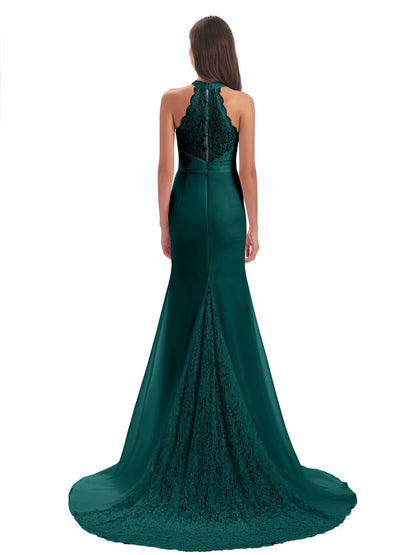 Jenny Court Train Halter Lace Bridesmaid Dresses