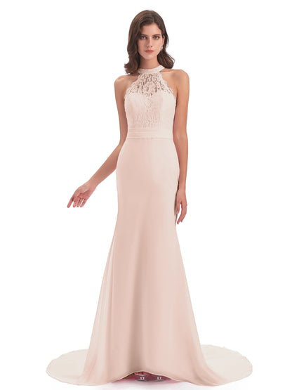 Jenny Court Train Halter Lace Bridesmaid Dresses