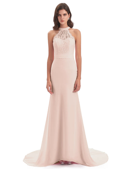 Jenny Court Train Halter Lace Bridesmaid Dresses