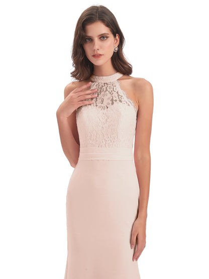 Jenny Court Train Halter Lace Bridesmaid Dresses