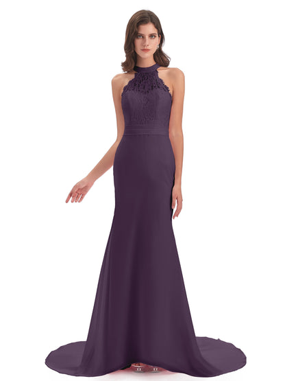 Jenny Court Train Halter Lace Bridesmaid Dresses