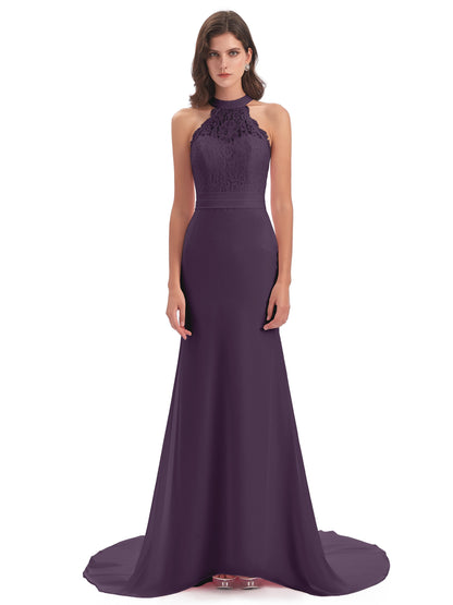 Jenny Court Train Halter Lace Bridesmaid Dresses
