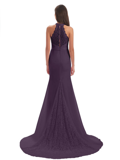 Jenny Court Train Halter Lace Bridesmaid Dresses