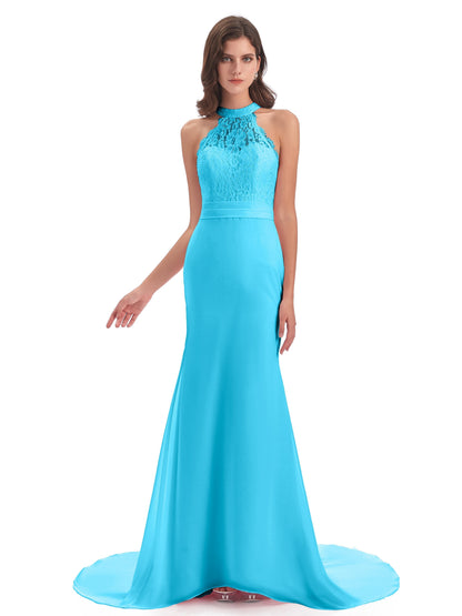 Jenny Court Train Halter Lace Bridesmaid Dresses
