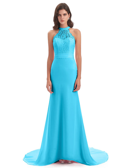 Jenny Court Train Halter Lace Bridesmaid Dresses