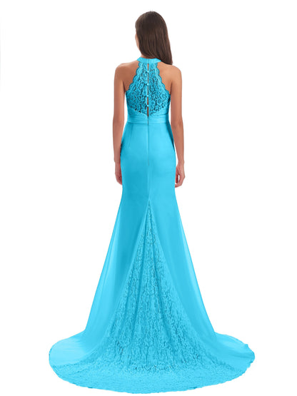 Jenny Court Train Halter Lace Bridesmaid Dresses