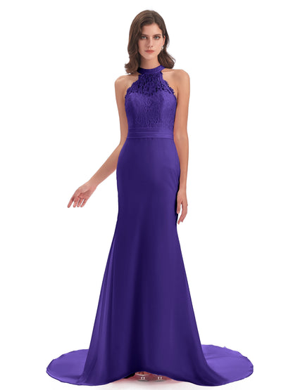 Jenny Court Train Halter Lace Bridesmaid Dresses