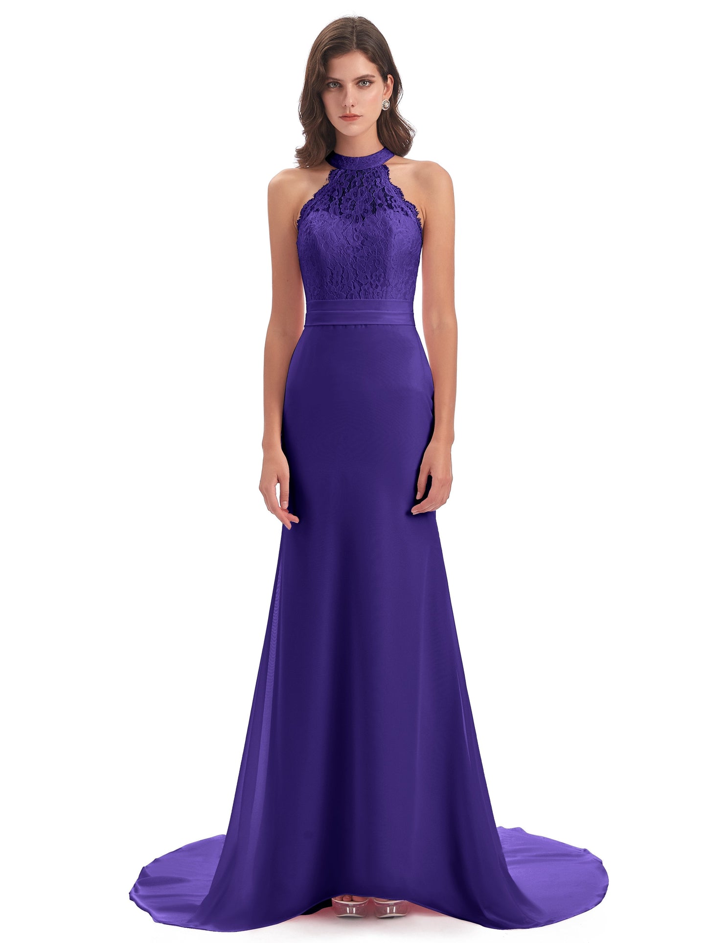 Jenny Court Train Halter Lace Bridesmaid Dresses