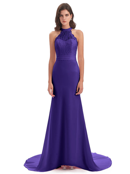 Jenny Court Train Halter Lace Bridesmaid Dresses