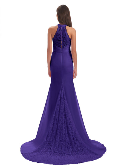 Jenny Court Train Halter Lace Bridesmaid Dresses